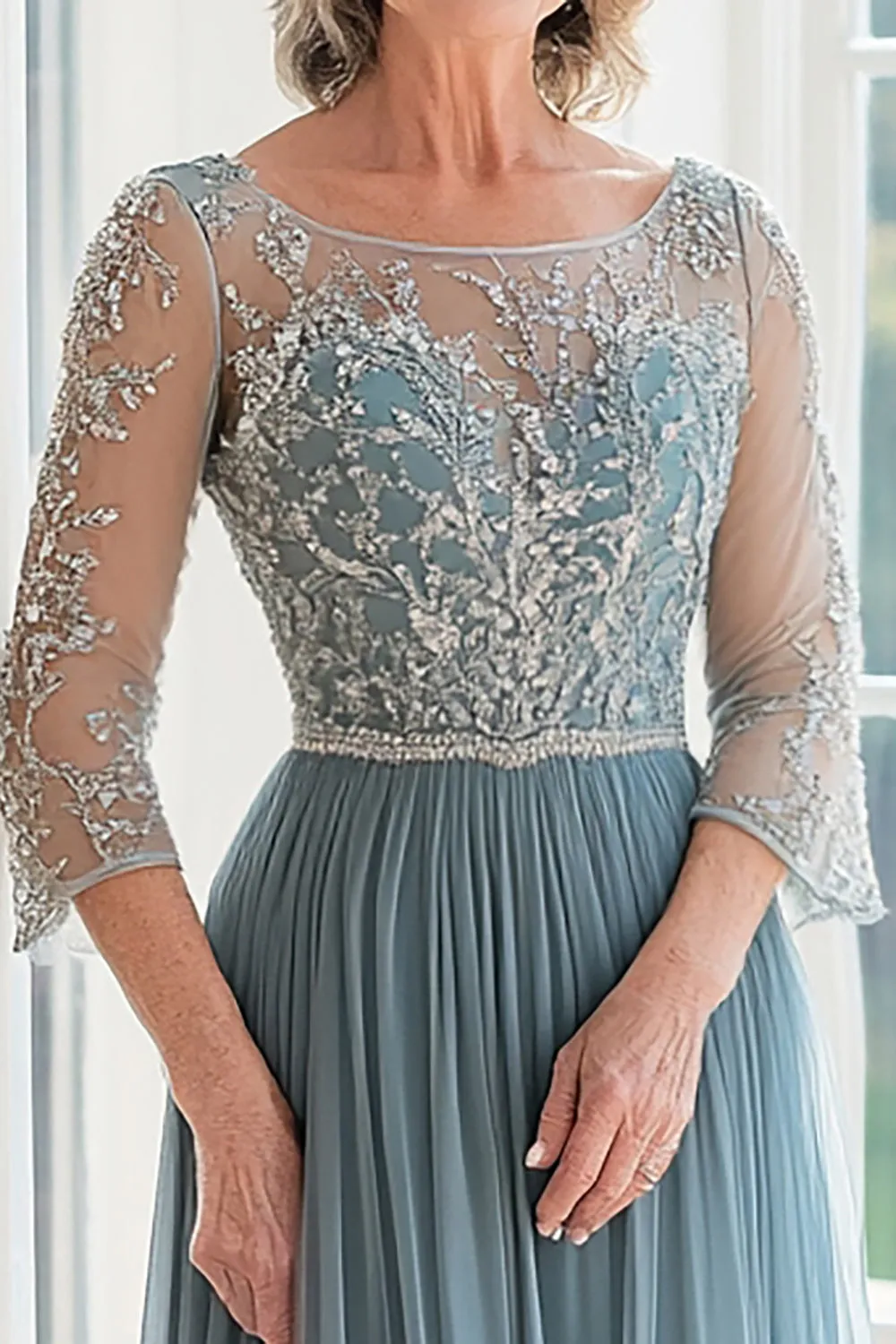 Elegant Dusty Blue Scoop A-Line Tulle Long Mother of the Bride with Beading sold by Zapaka product image thumbnail 2