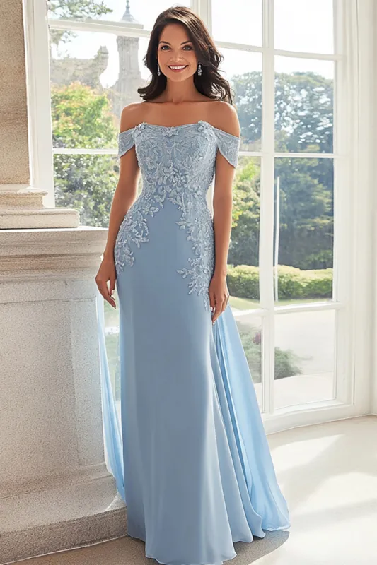 Elegant Sky Blue Off the Shoulder Chiffon Sheath Long Mother of the Bride with Lace Appliques sold by Zapaka