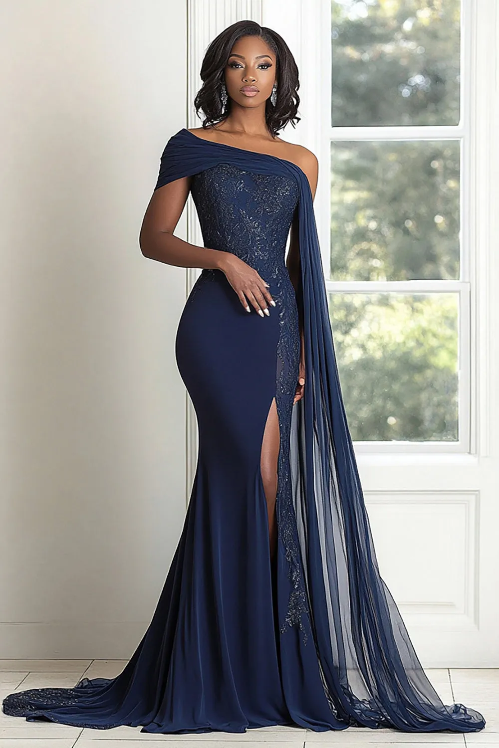 Elegant Navy One Shoulder Mermaid Applique Chiffon Long Mother of the Bride with Cape sold by Zapaka