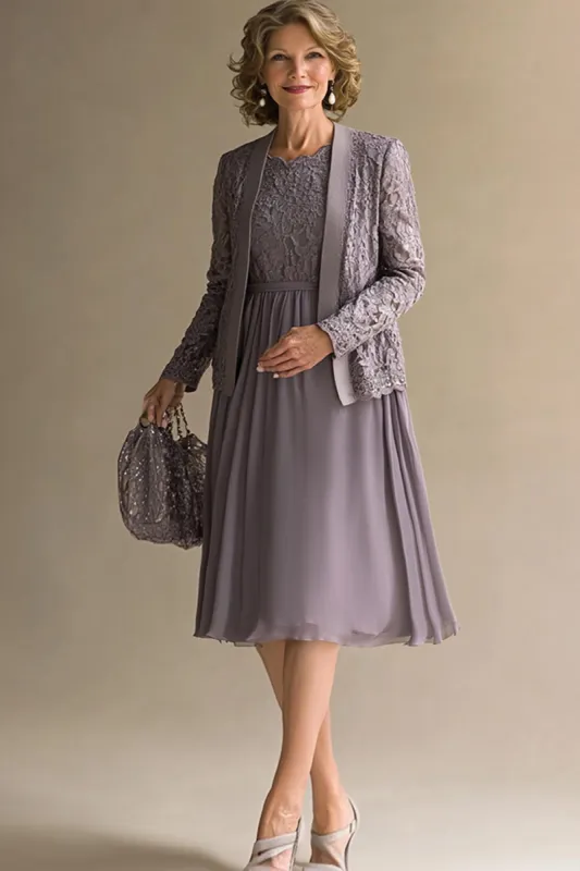 Vintage Mauve A-Line Scoop Lace Top Chiffon Knee Length Mother of the Bride Dress with Lace Jacket sold by Zapaka