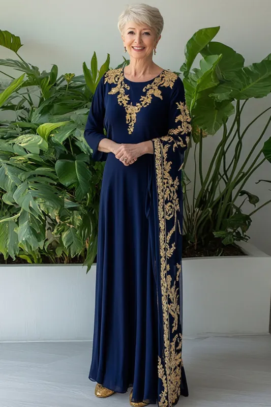 Navy Sheath Long Sleeves Chiffon Long Mother of the Bride Dress with Embroidery made by Zapaka