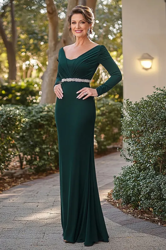 Elegant Dark Green Long Sleeves Mother Of Bride Dress With Beading sold by Zapaka