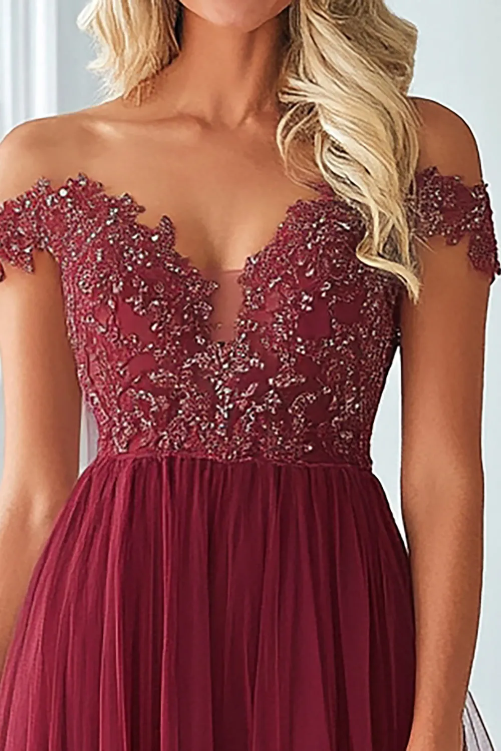 Burgundy A Line Tulle Lace Off the Shoulder Mother of the Bride Dress sold by Zapaka product image thumbnail 2