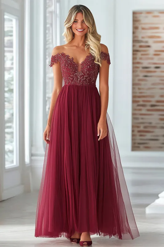 Burgundy A Line Tulle Lace Off the Shoulder Mother of the Bride Dress sold by Zapaka
