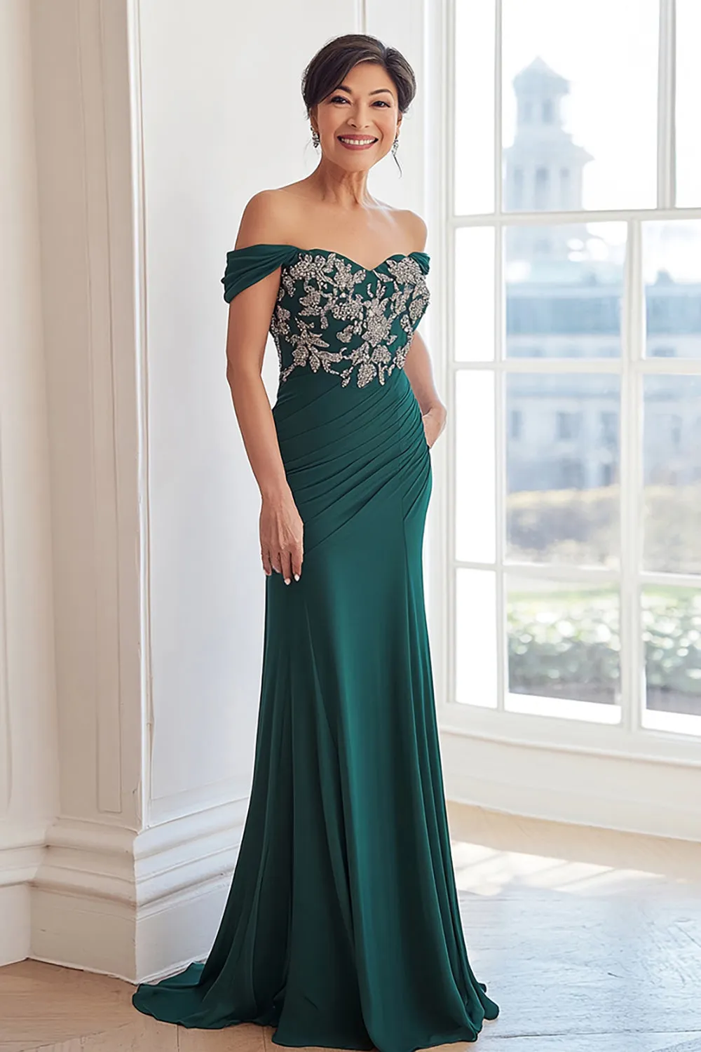 Off the Shoulder Beaded Dark Green Chiffon Long Mother of the Bride Dress sold by Zapaka