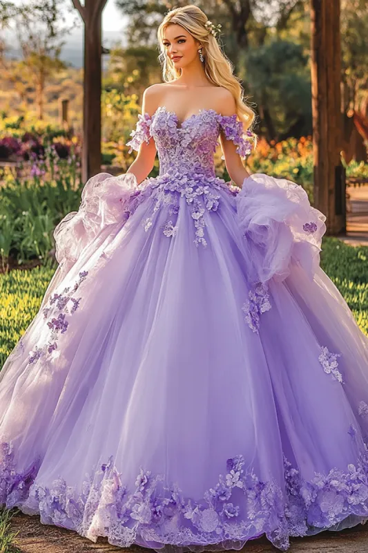 Lilac Floor Length Appliqued Quinceanera Dress with 3D Flowers sold by Zapaka