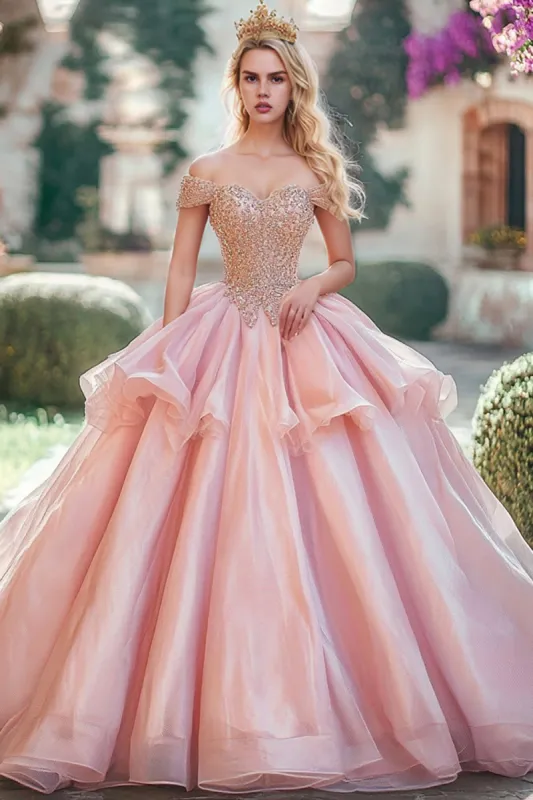 Blush Off the Shoulder Beaded Organza Princess Quinceanera Dress sold by Zapaka