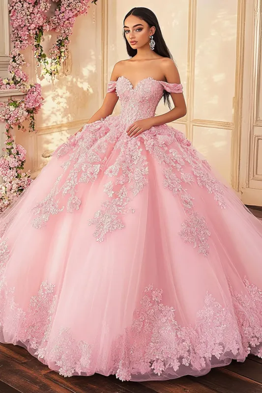Pink Off the Shoulder Princess Tulle Quinceanera Dress with Appliques sold by Zapaka