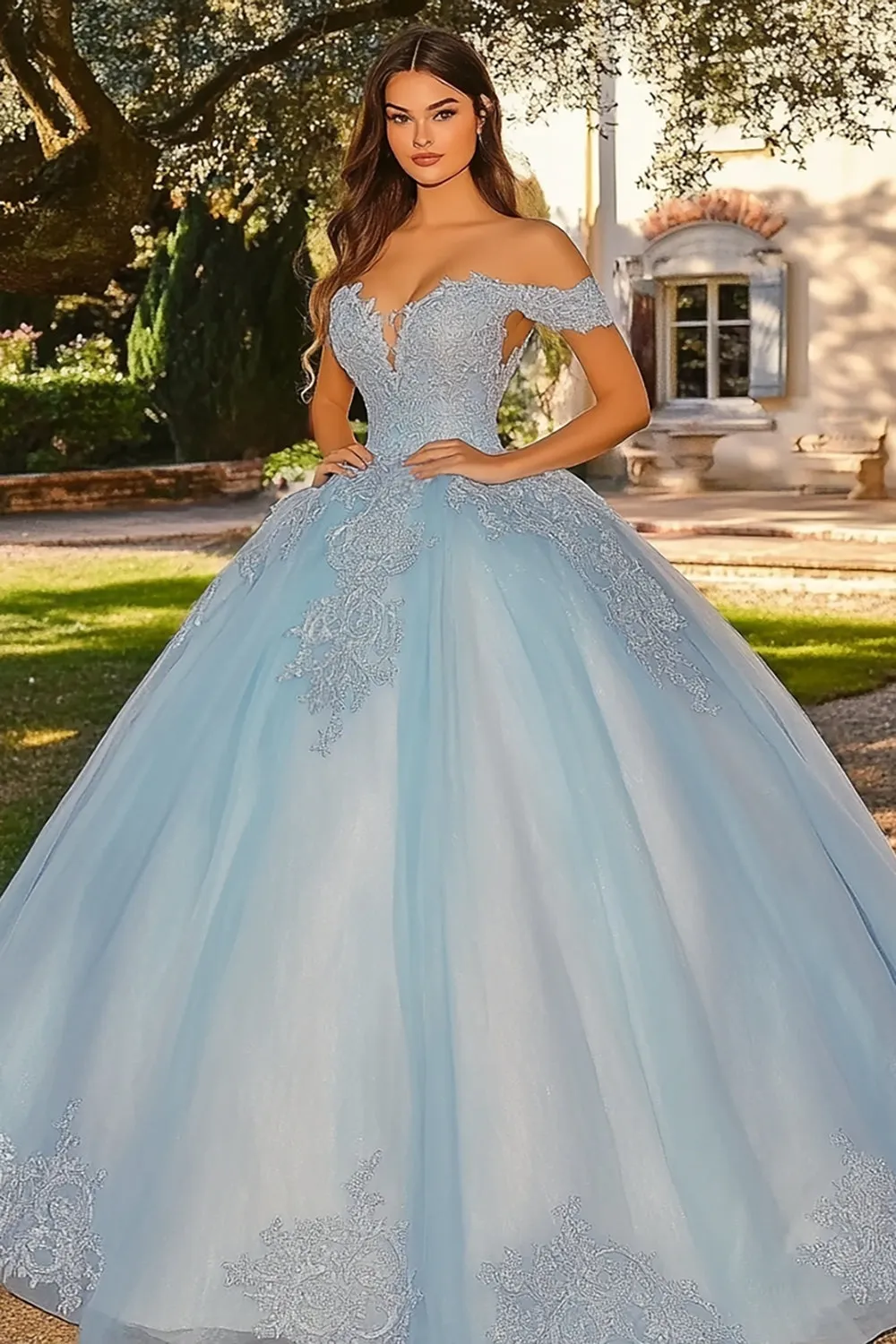 Sky Blue Appliqued Quinceanera Dress with Cape Sleeves sold by Zapaka