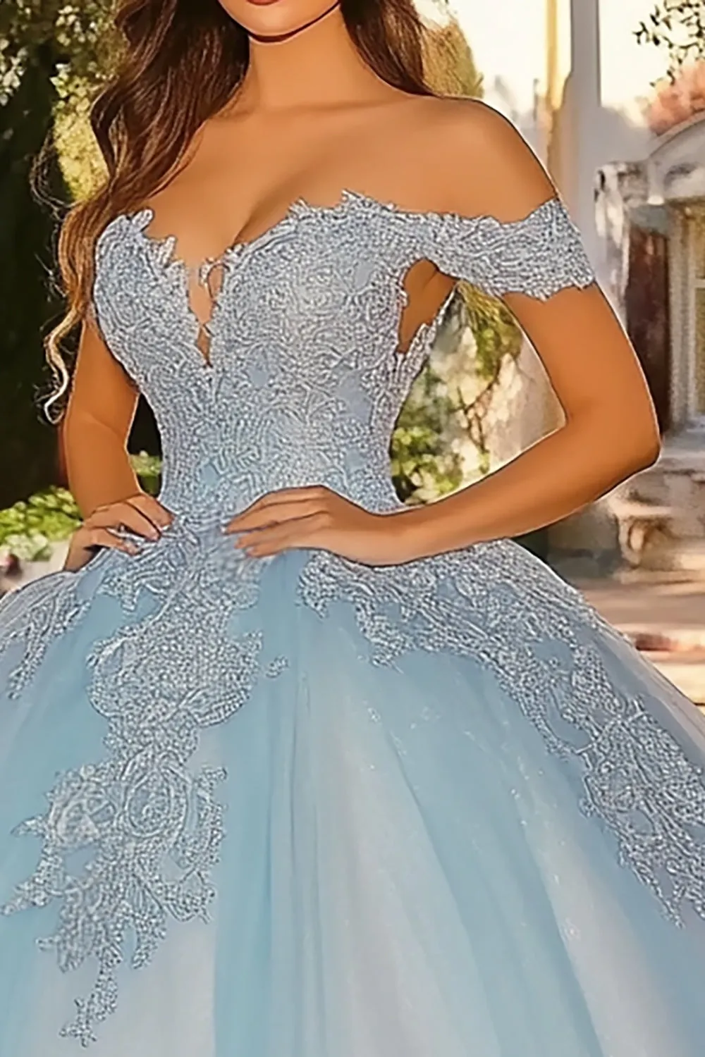 Sky Blue Appliqued Quinceanera Dress with Cape Sleeves sold by Zapaka product image thumbnail 2