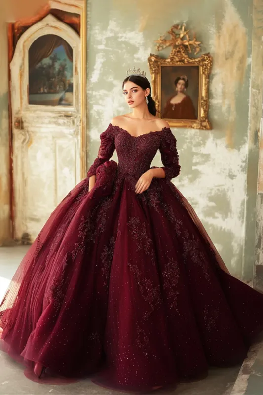 Sparkly Burgundy Lace Off The Shoulder Quinceanera Dress with 3/4 Sleeves made by Zapaka