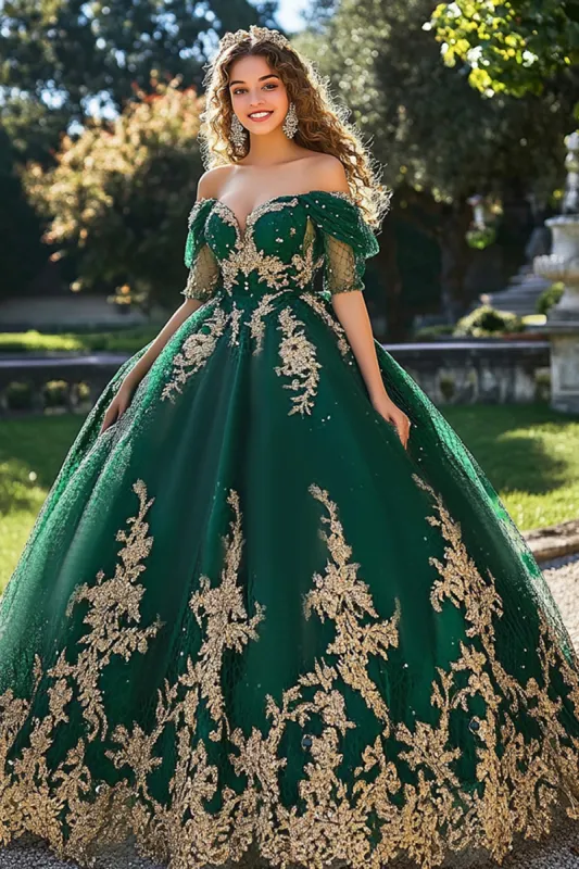 Dark Green Princess Tulle Off the Shoulder Quinceanera Dress with Appliques sold by Zapaka