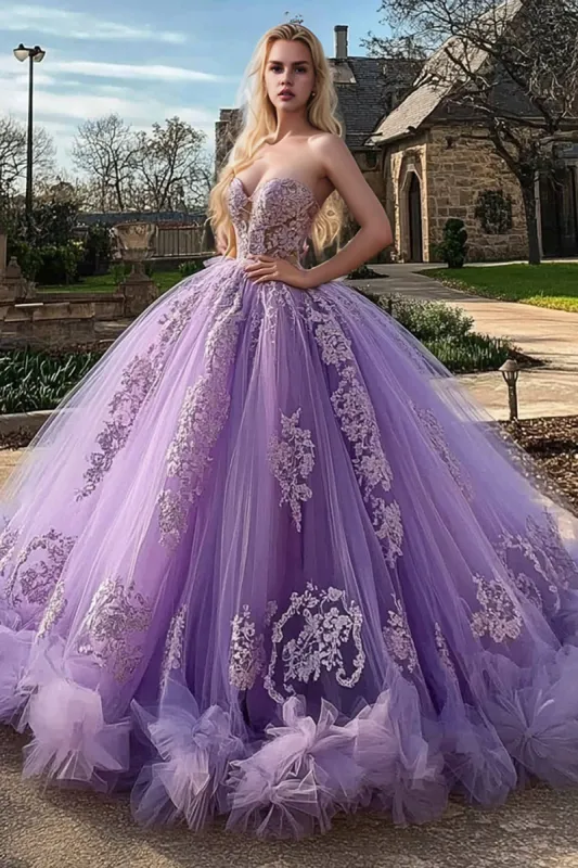 Plum Sweetheart Ball Goown Tulle Quinceanera Dress with Appliques sold by Zapaka