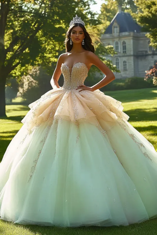 Sparkly Champagne Tulle Ruffled Quinceanera Dress sold by Zapaka