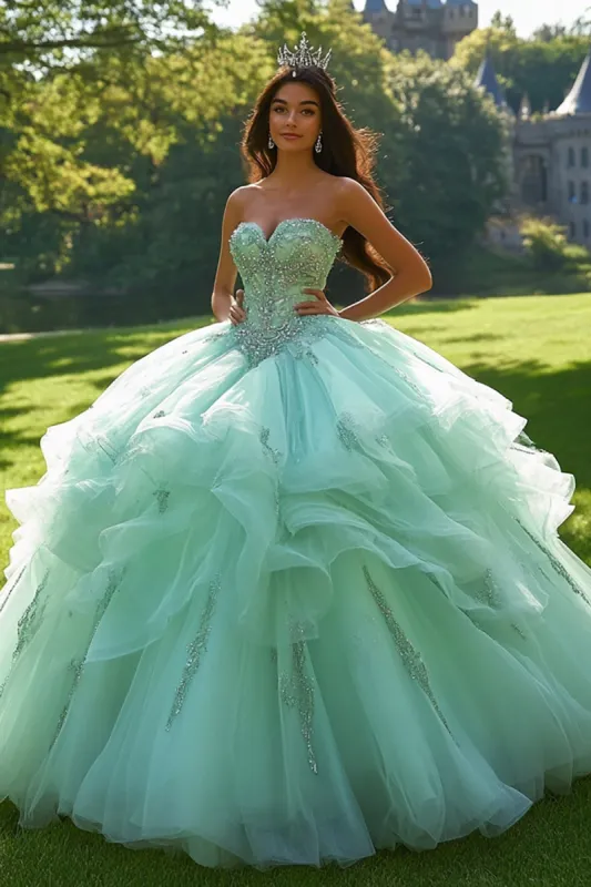 Glitter Mint Tulle Sweetheart Princess Quinceanera Dress with Beadings made by Zapaka