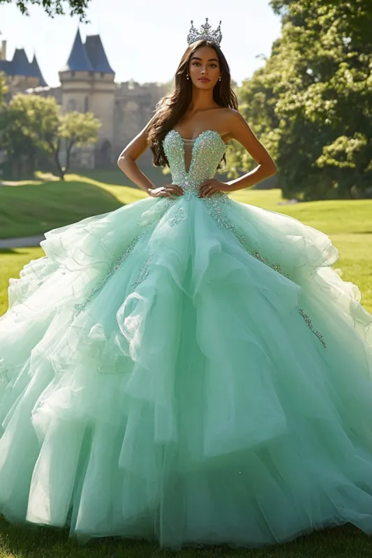 Sparkly Mint Sweetheart Ruffled Quinceanera Dress sold by Zapaka