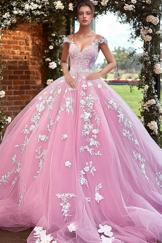 Off The Shoulder Sparkly Pink Quinceanera Dress with 3D Flowers sold by Zapaka