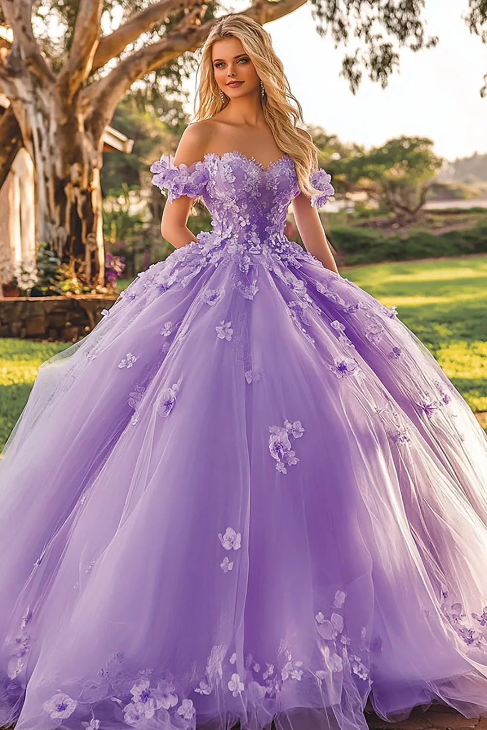 Plum Floral Off The Shoulder Tulle Quinceanera Dress with Appliques sold by Zapaka