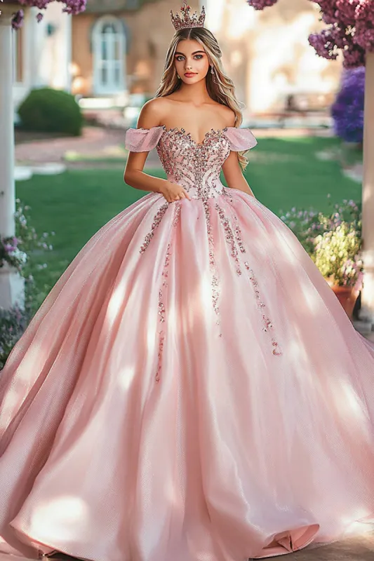 Blush Off the Shoulder Princess Satin Quinceanera Dress with Appliques sold by Zapaka