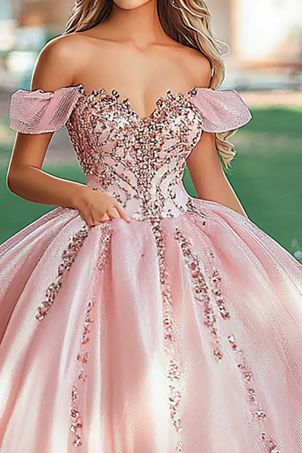 Blush Off the Shoulder Princess Satin Quinceanera Dress with Appliques sold by Zapaka product image thumbnail 2