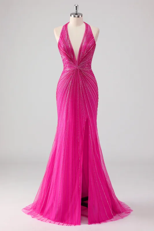 Fuchsia Mermaid Halter Open Back Beaded Long Prom Dress with Slit sold by Zapaka