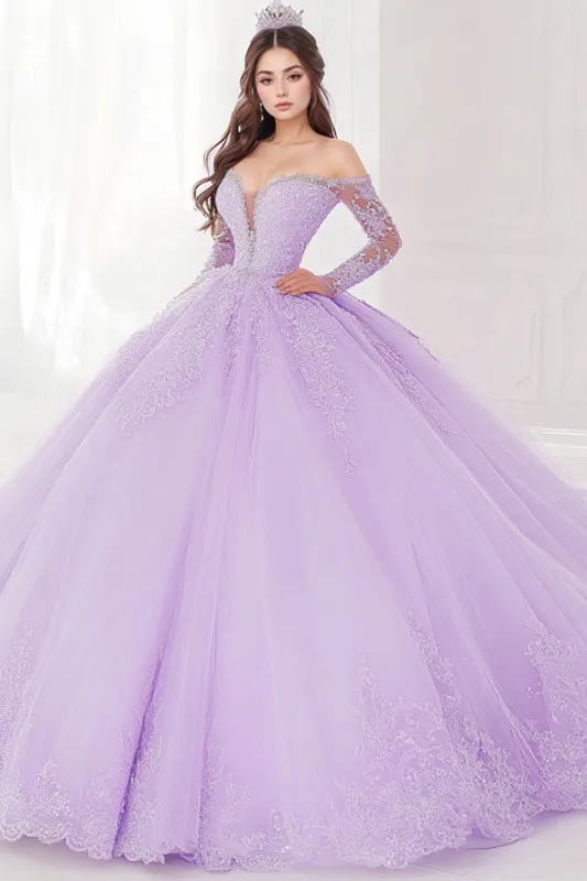 Princess Lilac Ball Gown Off the Shoulder Long Sleeves Tulle Quinceanera Dress with Appliques sold by Zapaka