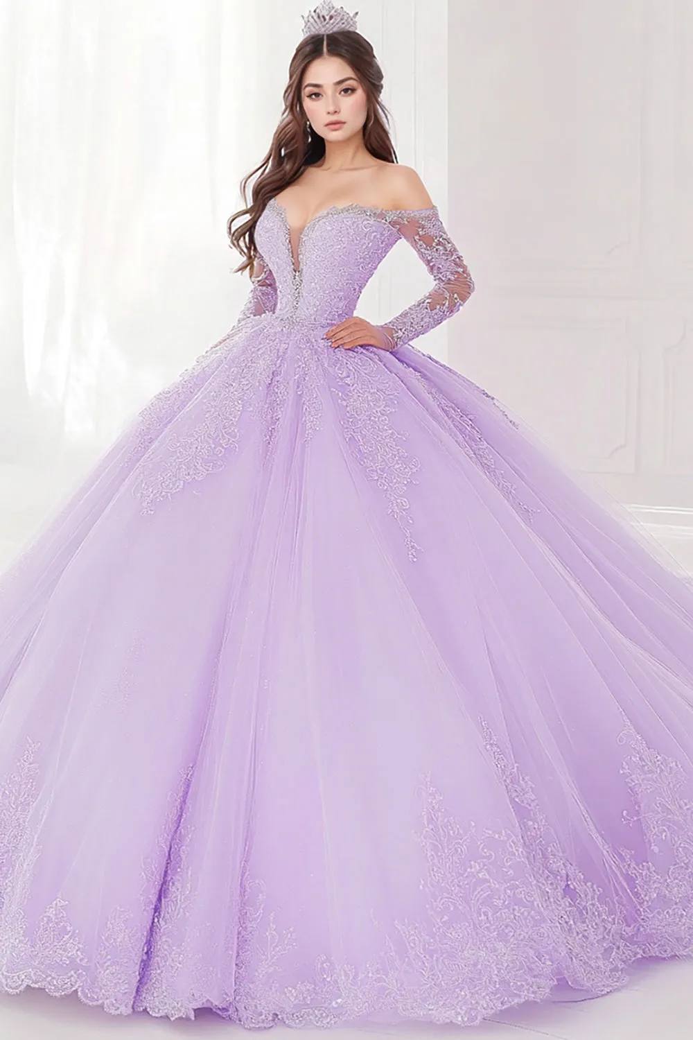 Princess Lilac Ball Gown Off the Shoulder Long Sleeves Tulle Quinceanera Dress with Appliques sold by Zapaka