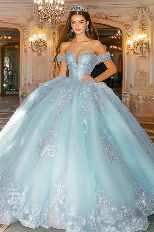 Princess Sky Blue Ball Gown Off the Shoulder Tulle Quinceanera Dress with Appliques sold by Zapaka