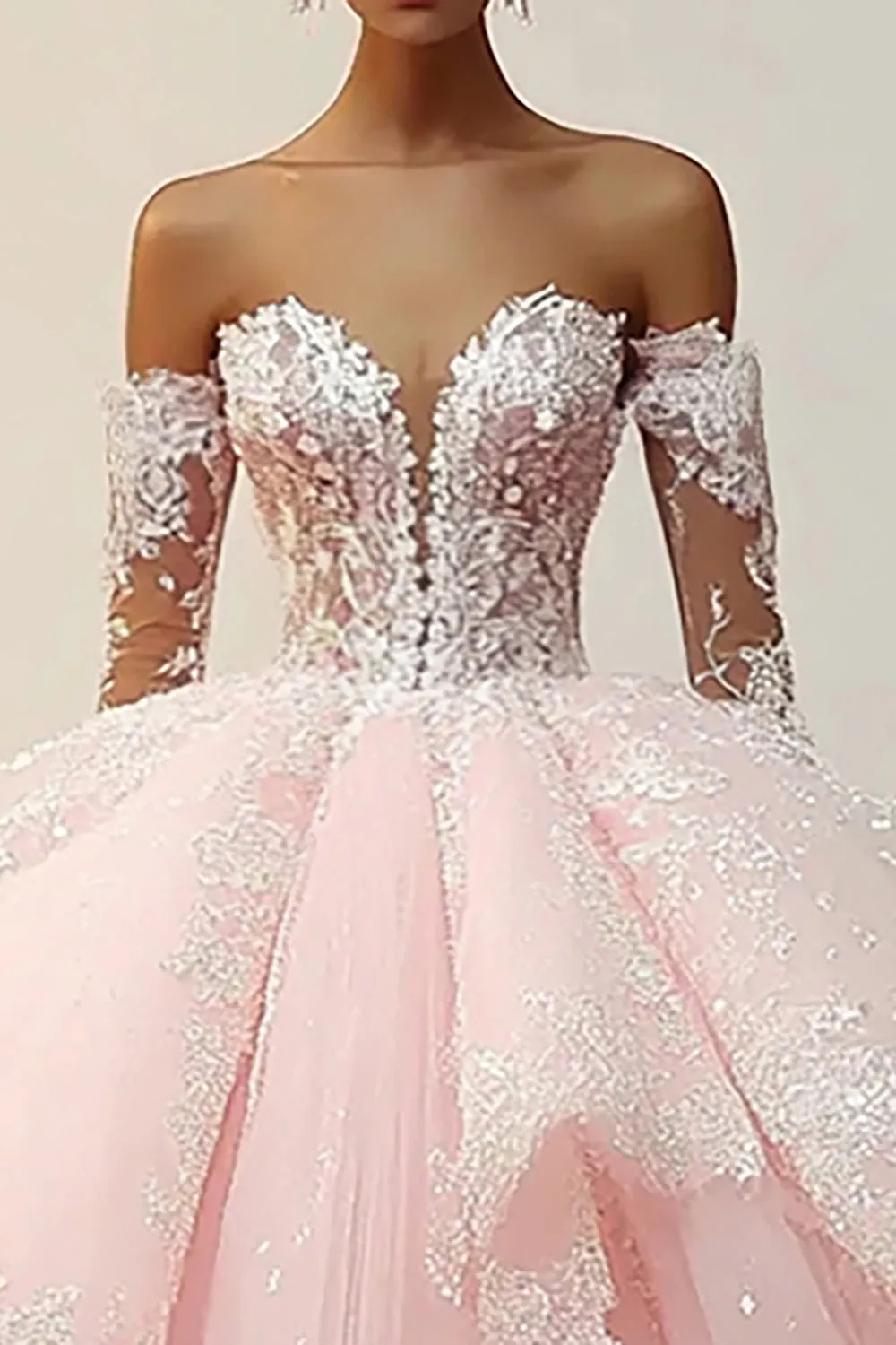 Princess Pink Ball Gown Strapless Ruffles Appliques Tulle Quinceanera Dress with Detachable Sleeves sold by Zapaka product image thumbnail 2