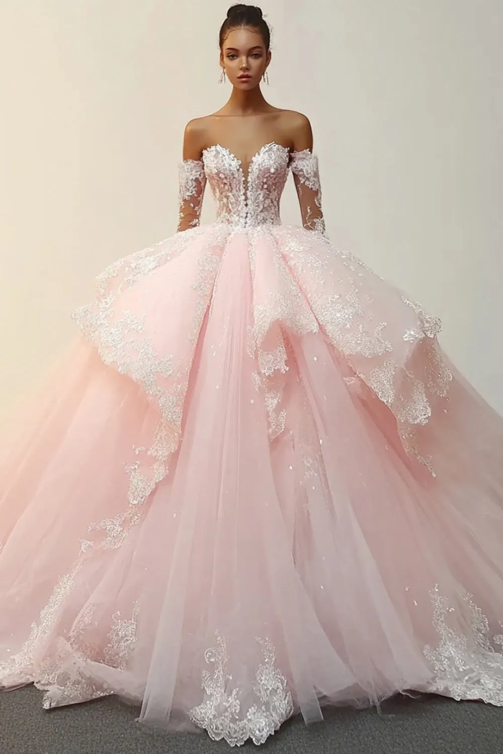 Princess Pink Ball Gown Strapless Ruffles Appliques Tulle Quinceanera Dress with Detachable Sleeves sold by Zapaka