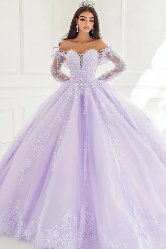 Princess Lilac Ball Gown Off the Shoulder Long Sleeves Tulle Quinceanera Dress with Appliques sold by Zapaka