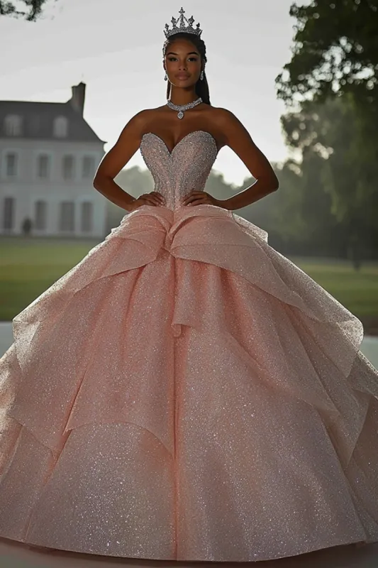Sparkly Pink Ball Gown Strapless Sequins Ruffles Quinceanera Dress sold by Zapaka
