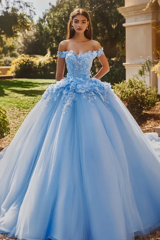 Sparkly Sky Blue Ball Gown Off the Shoulder Sequined 3D Flowers Tulle Quinceanera Dress sold by Zapaka