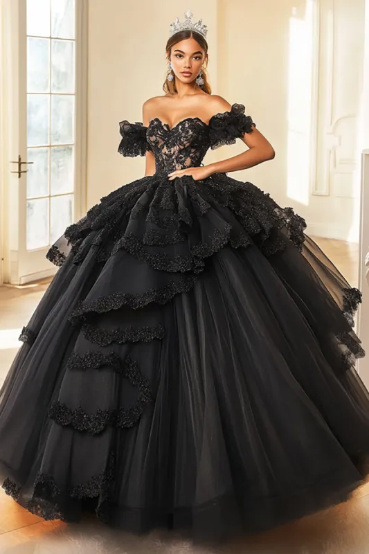 Princess Black Ball Gown Off the Shoulder Laced Ruffles Tulle Quinceanera Dress sold by Zapaka