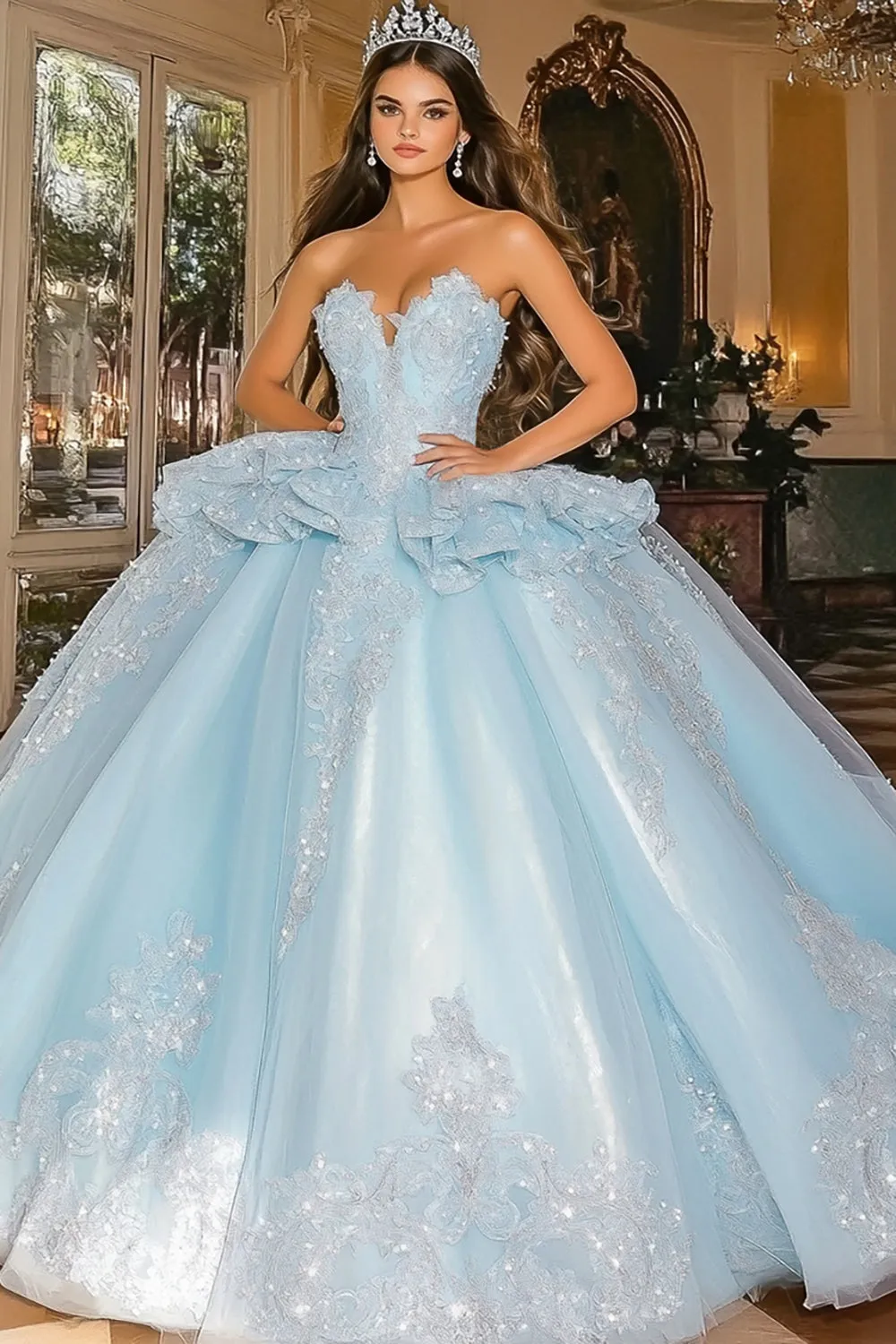 Sparkly Sky Blue Ball Gown Strapless Ruffles Tulle Quinceanera Dress with Appliques sold by Zapaka