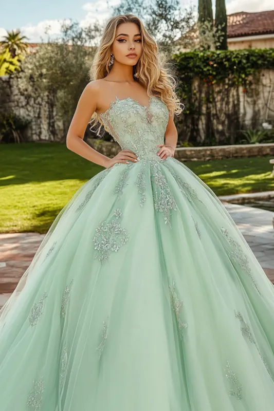 Mint Green Tulle Sweetheart Princess Applique Quinceanera Dress made by Zapaka