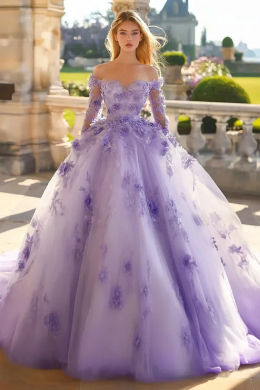Lilac Off the Shoulder Princess Tulle Applique Quinceanera Dress with Long Sleeves sold by Zapaka