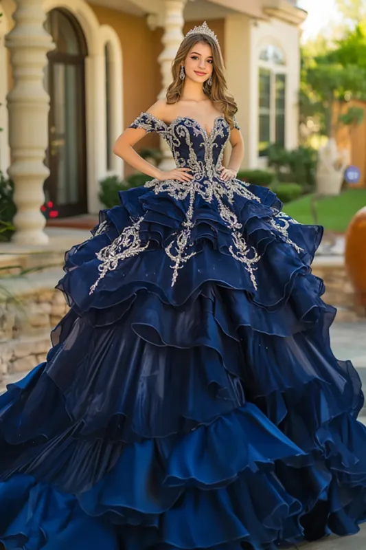 Navy Princess Off the Shoulder Organza Ruffled Quinceanera Dress with Appliques sold by Zapaka