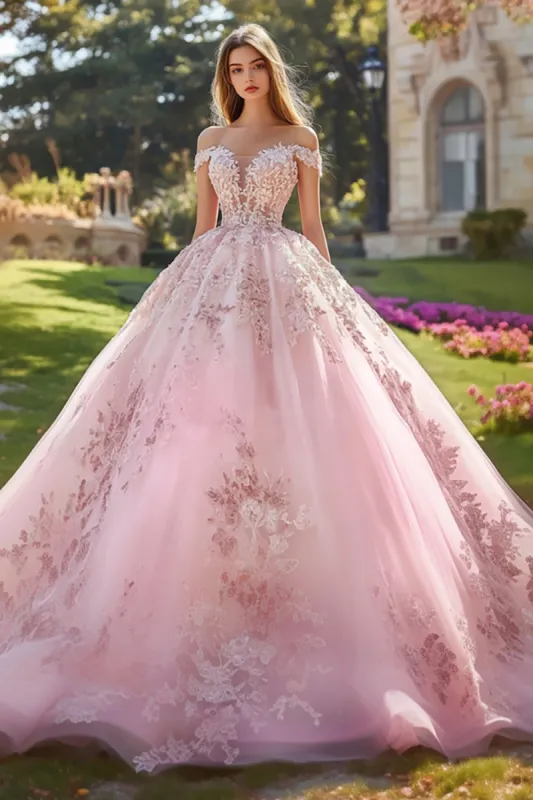 Blush Off the Shoulder Ball Gown Tulle Quinceanera Dress with Appliques made by Zapaka