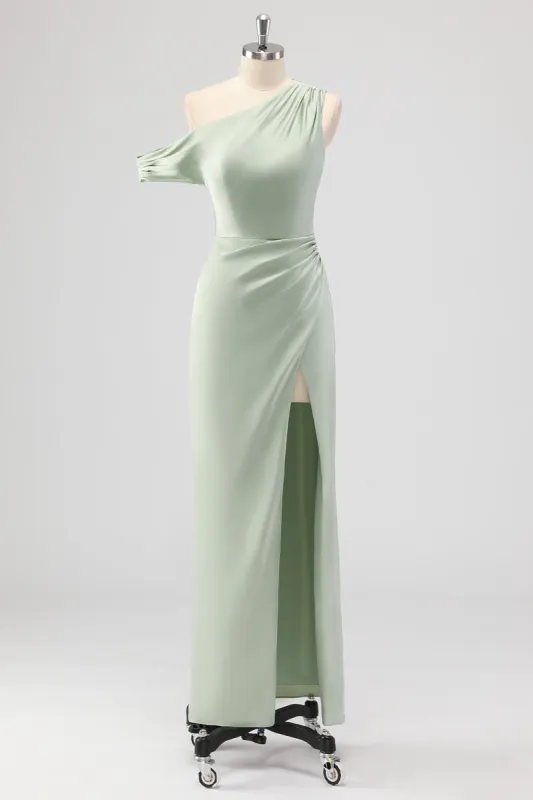 Sage Green One Shoulder Satin Ruched Sheath Long Bridesmaid Dress sold by Zapaka