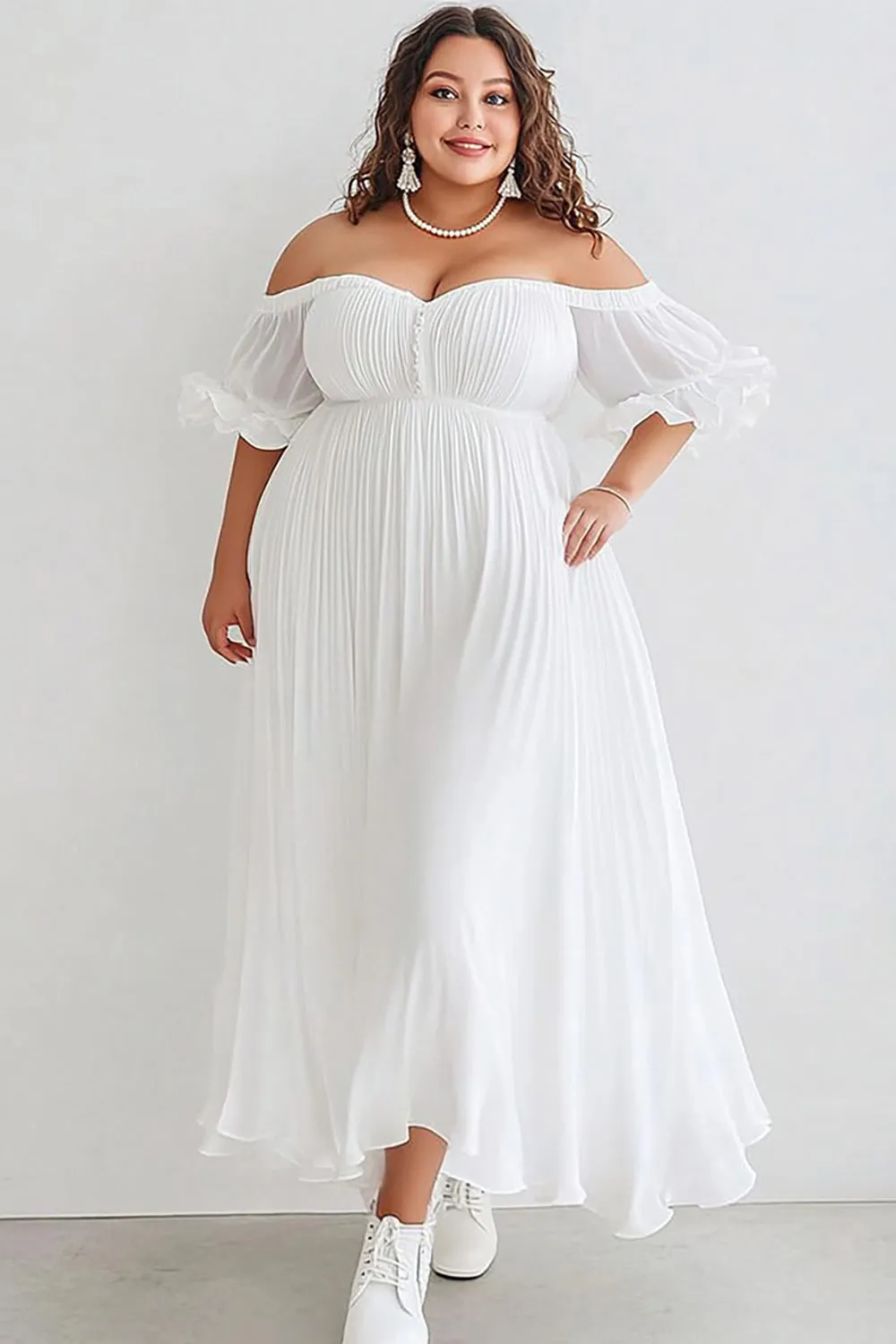 Off the Shoulder A-Line Tulle Ankle Length Little White Dress sold by Zapaka