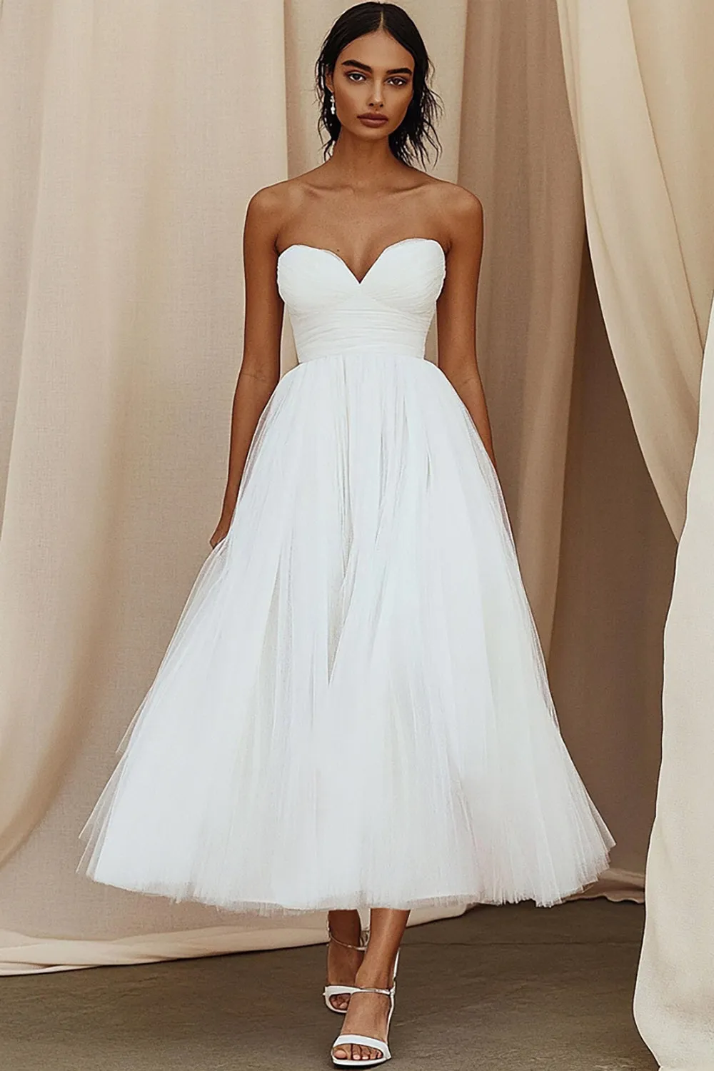 A-Line Sweetheart Tulle Ankle Length Little White Dress sold by Zapaka