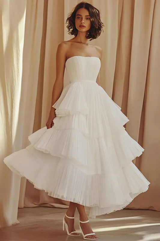 A-Line Sweetheart Chiffon Ruffled Ankle Length Little White Dress sold by Zapaka