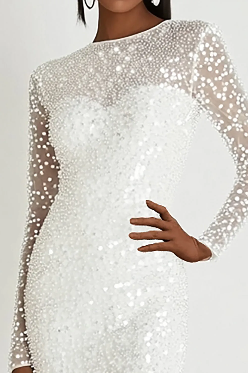 White Sequins Bodycon Scoop Neck Long Sleeves Short Graduation Dress sold by Zapaka product image thumbnail 2