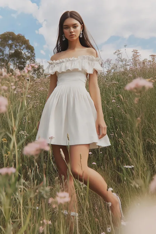 Off the Shoulder White Cotton A Line Short Graduation Dress sold by Zapaka