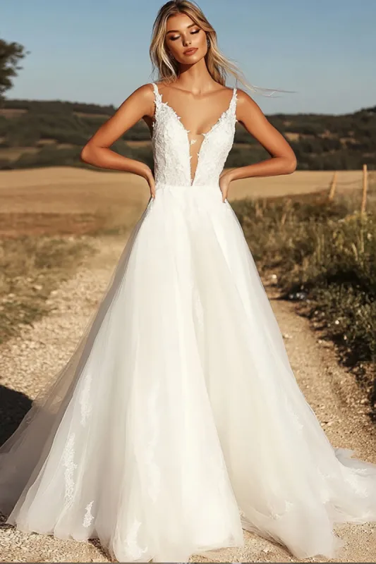 Ivory A Line Spaghetti Straps Tulle Appliqued Wedding Dress sold by Zapaka