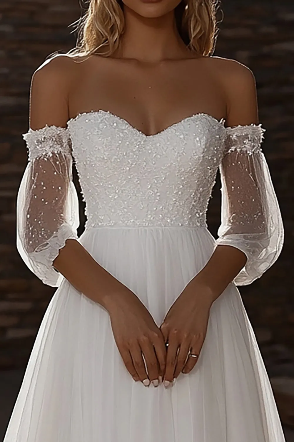 Sweetheart A Line Tulle Half Illusion Sleeve Ivory Wedding Dress sold by Zapaka product image thumbnail 2