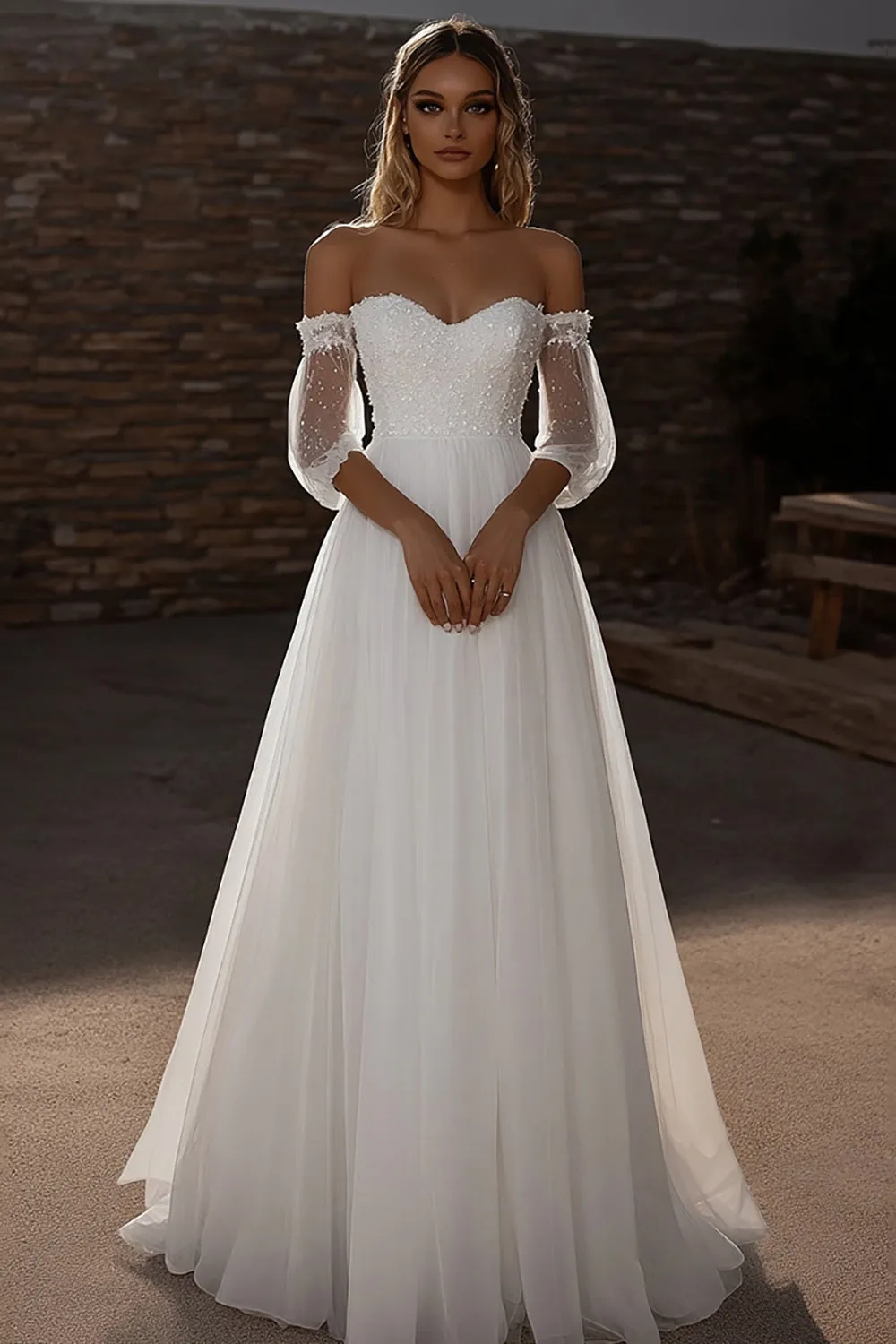 Sweetheart A Line Tulle Half Illusion Sleeve Ivory Wedding Dress sold by Zapaka