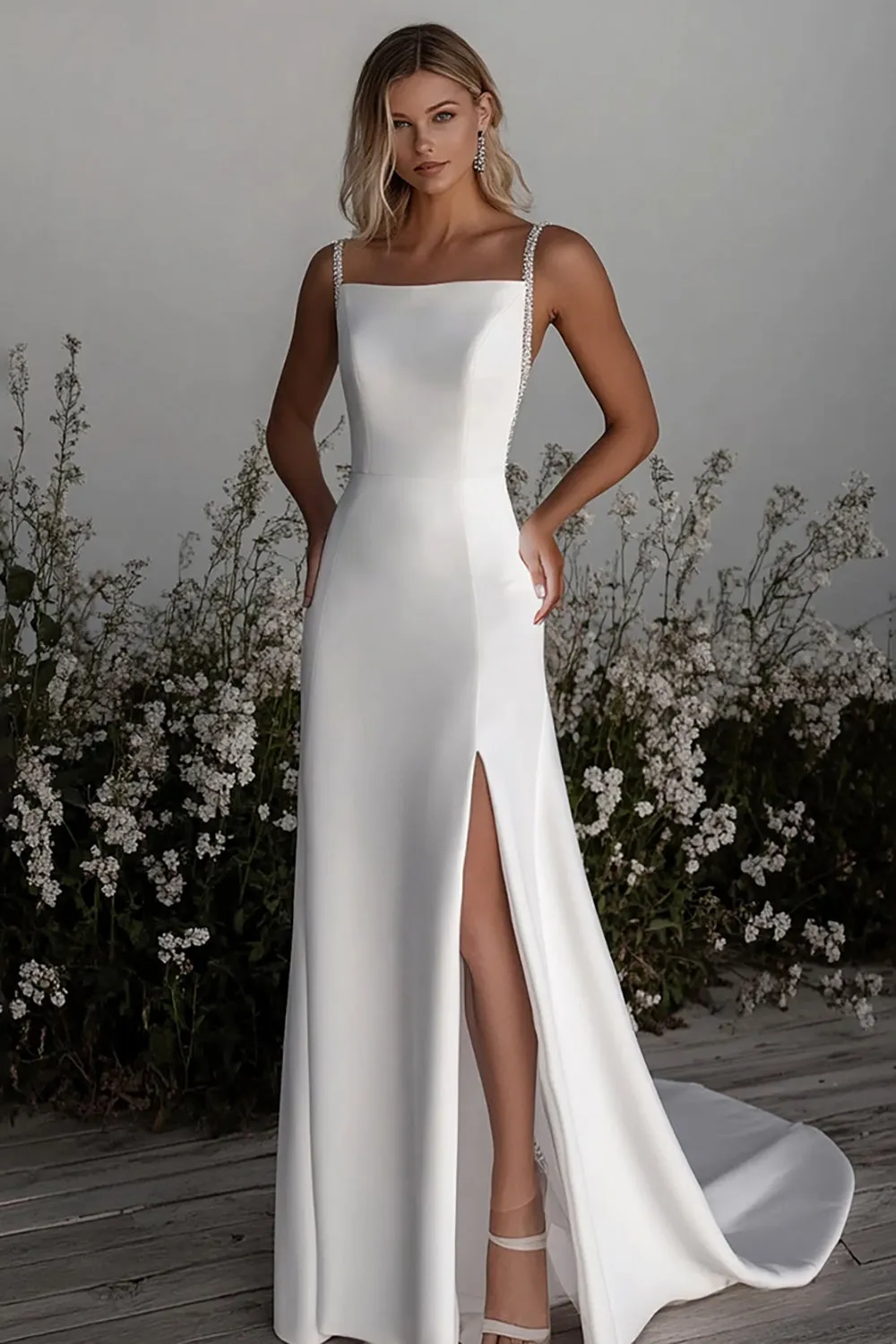 Simple Ivory Satin Sheath Wedding Dress with Slit sold by Zapaka