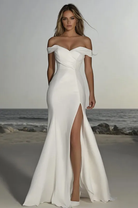 Satin Ruched Off the Shoulder Mermaid Ivory Wedding Dress with Slit sold by Zapaka